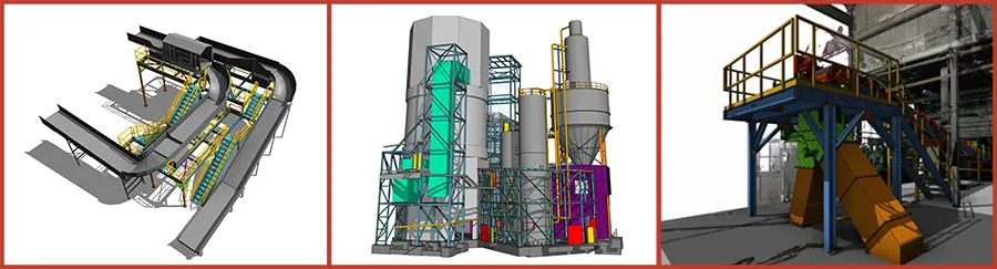 Three 3D engineering models: a curved conveyor system, a multi-level processing plant with silos, and a steel-framed equipment platform
