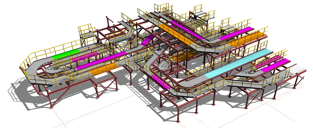 Detailed 3D design model of an extensive conveyor and steel support system with color-coded routing